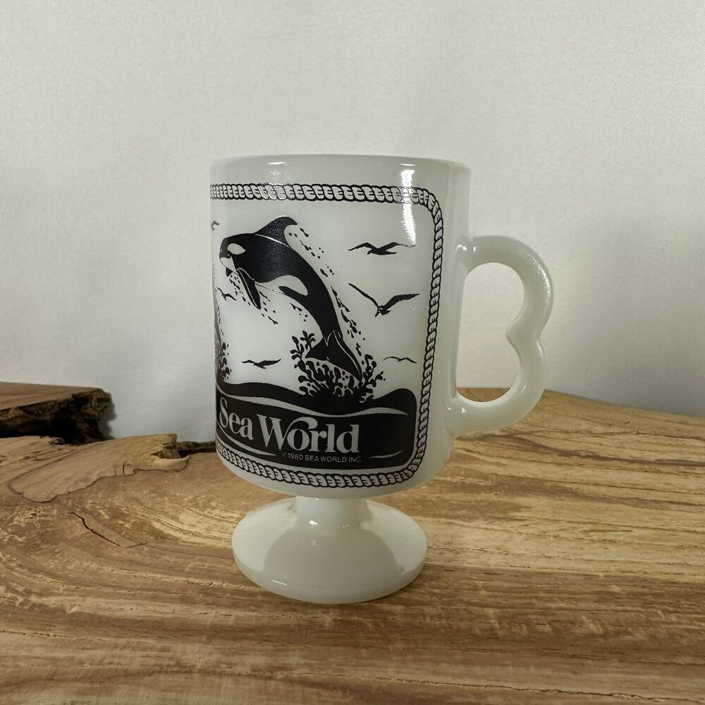 Vintage 1980's Sea World - Milk Glass - Black & White - Footed  Irish Coffee Mug
